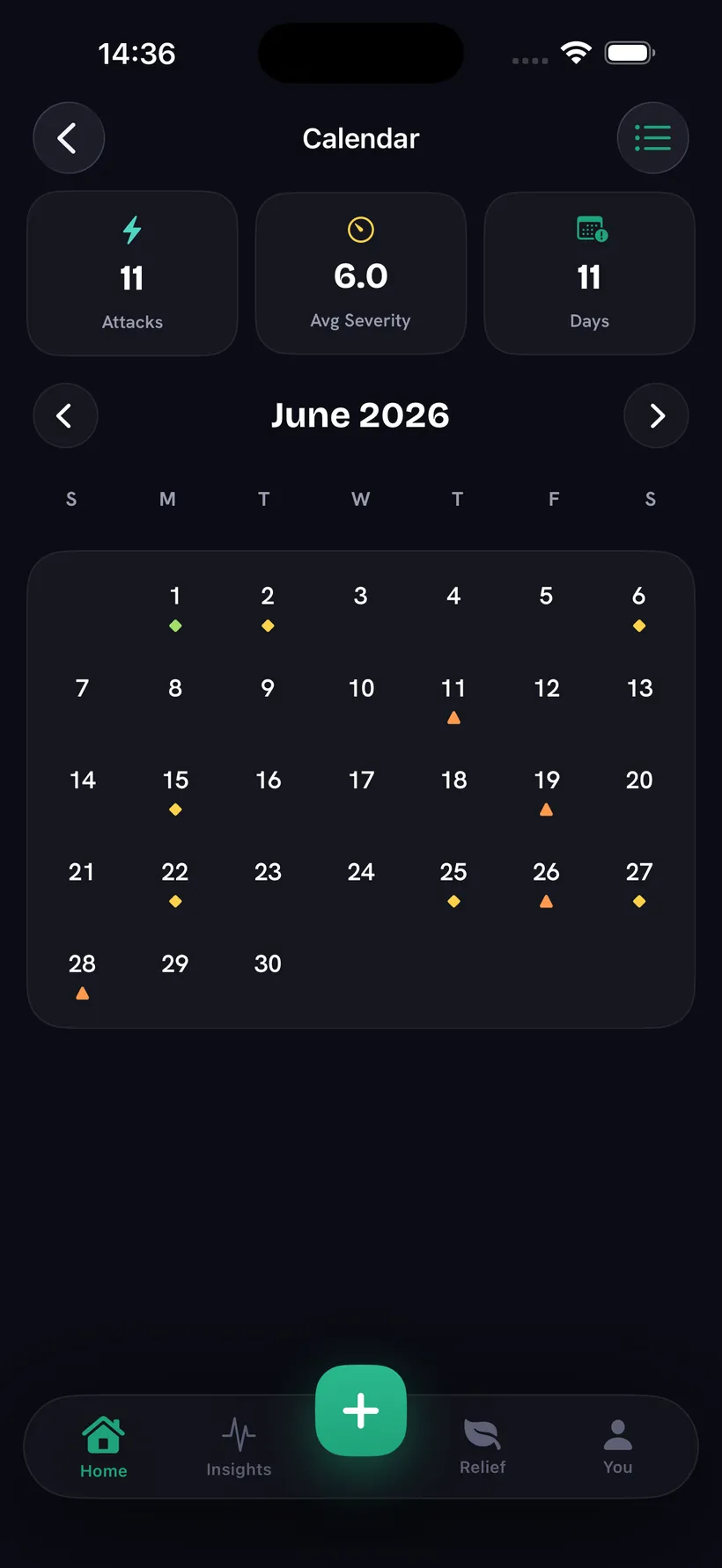 Aura calendar screen with color-coded migraine severity